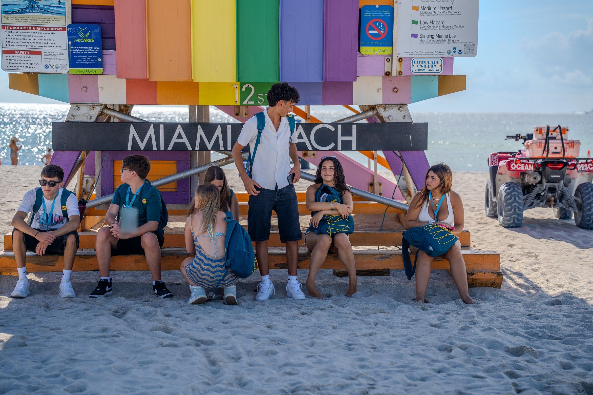 YES USA students relaxing at the Miami Beach lifeguard tower