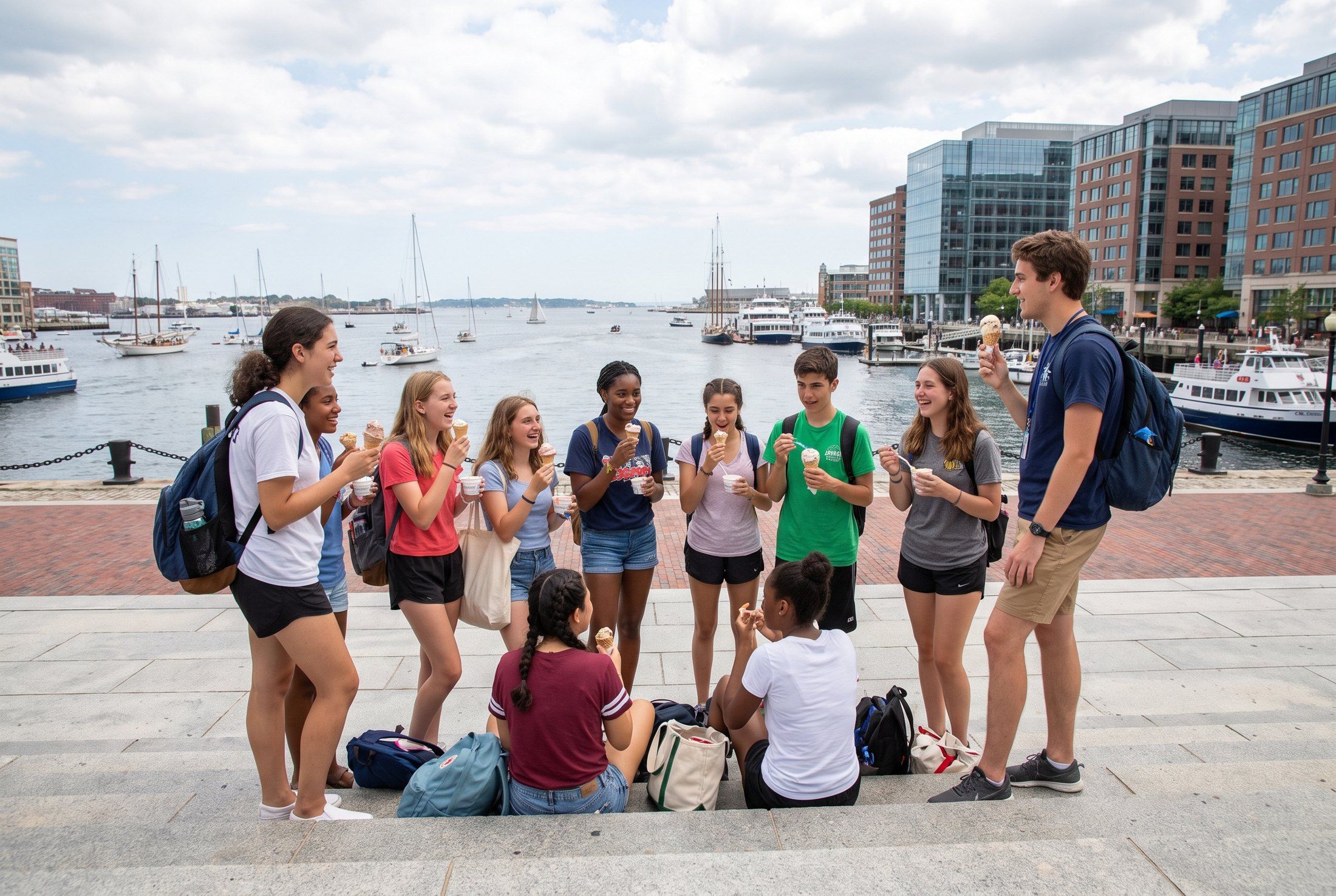 Junior students and their group leader eating ice cream on waterfront steps by Boston harbor