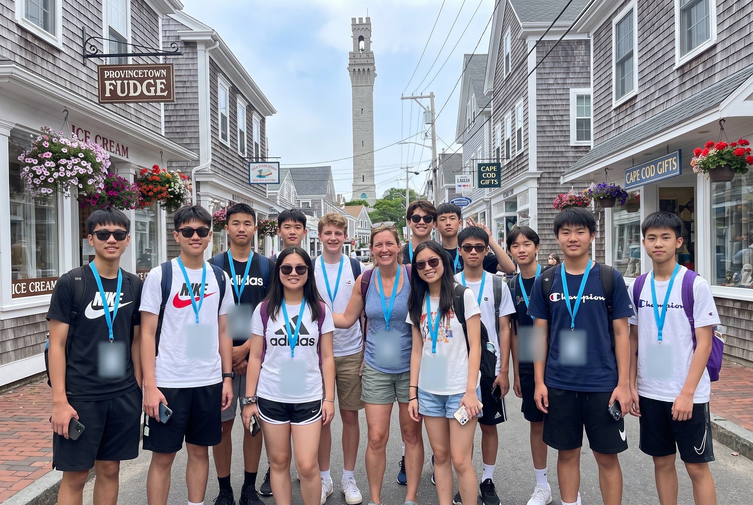 A YES USA group on Commercial Street in Provincetown, with the Pilgrim Monument behind