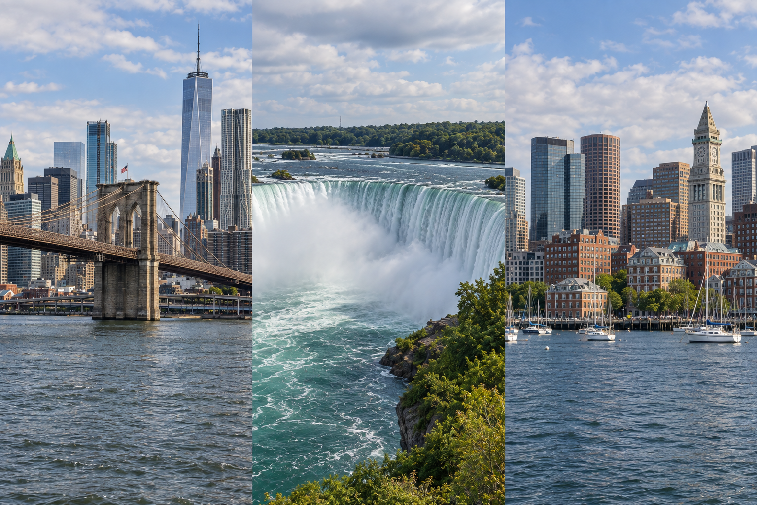 New York, Niagara Falls and Boston side by side