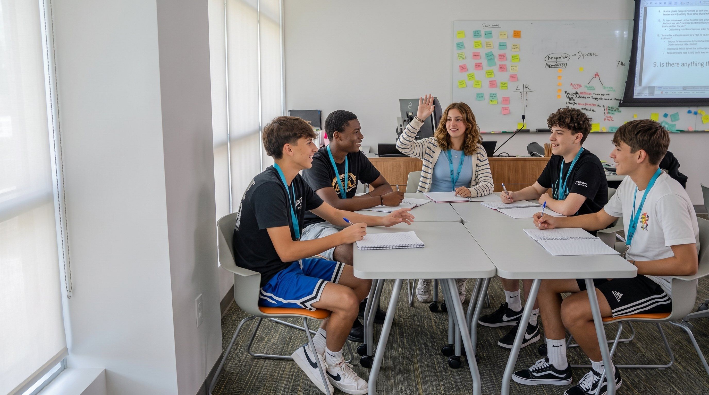 Students talking around a table in an English class, one raising her hand