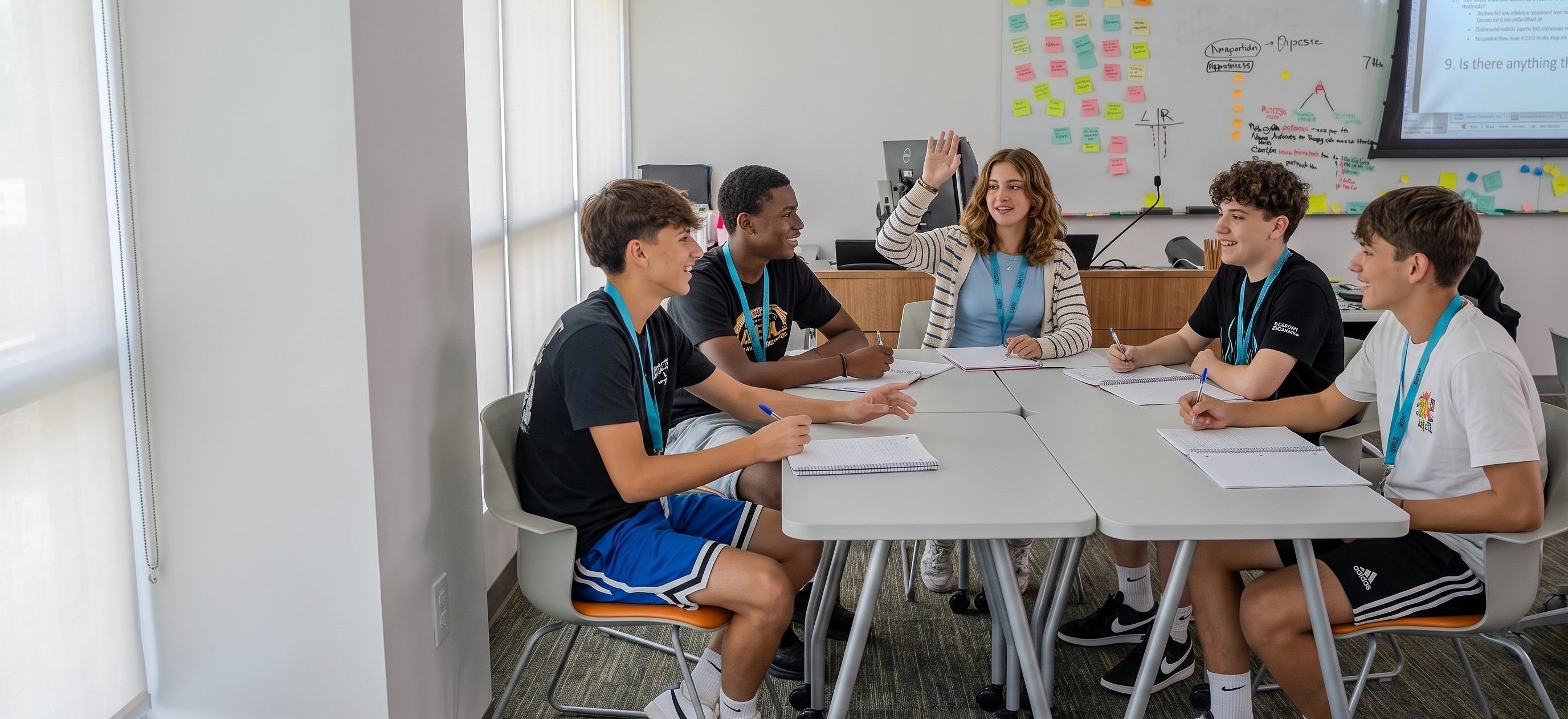 Students talking around a table in an English class, one raising her hand