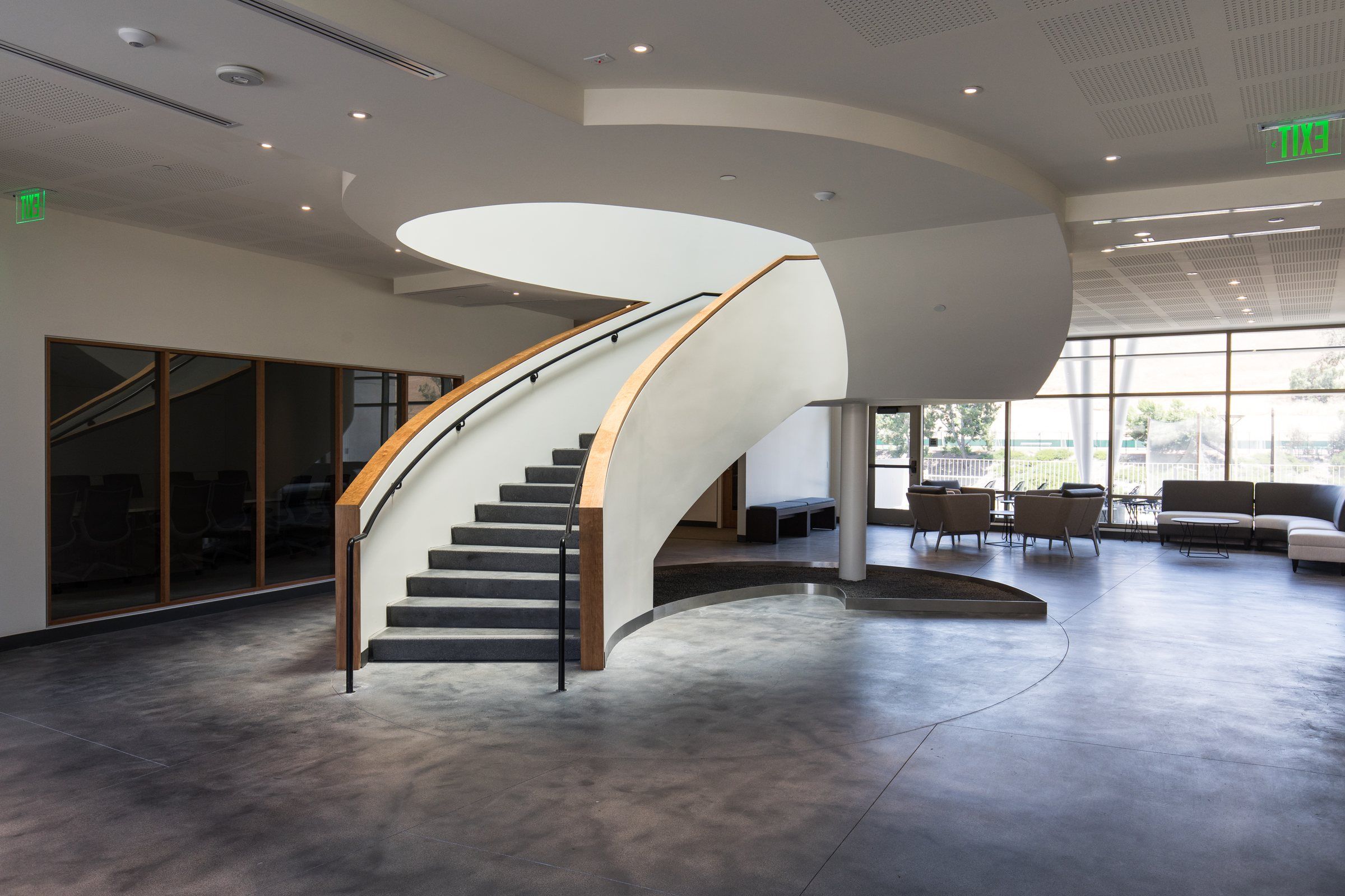 Lobby with a spiral staircase at Concordia University Irvine