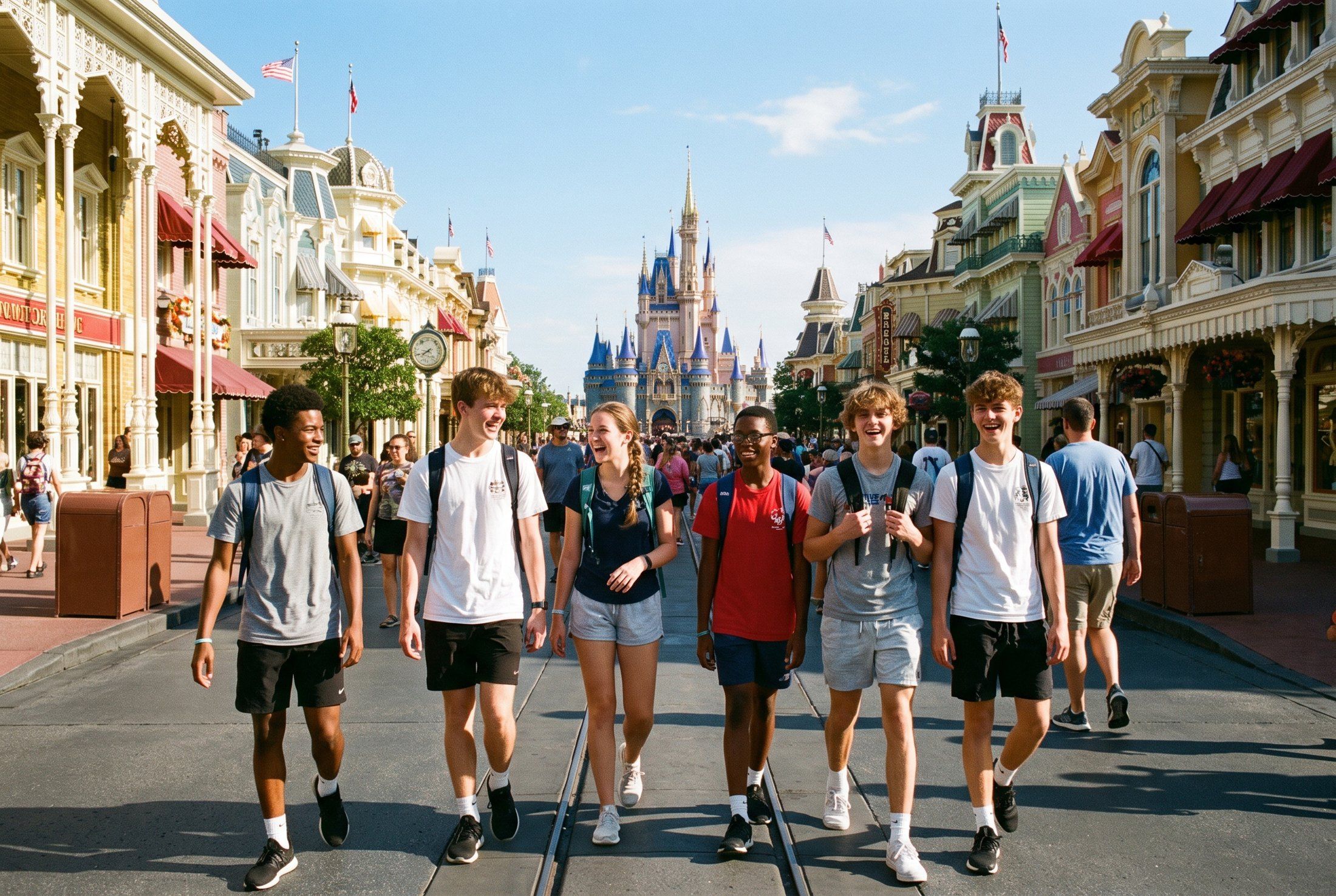 Students walking down Main Street at Walt Disney World, with the castle in the distance