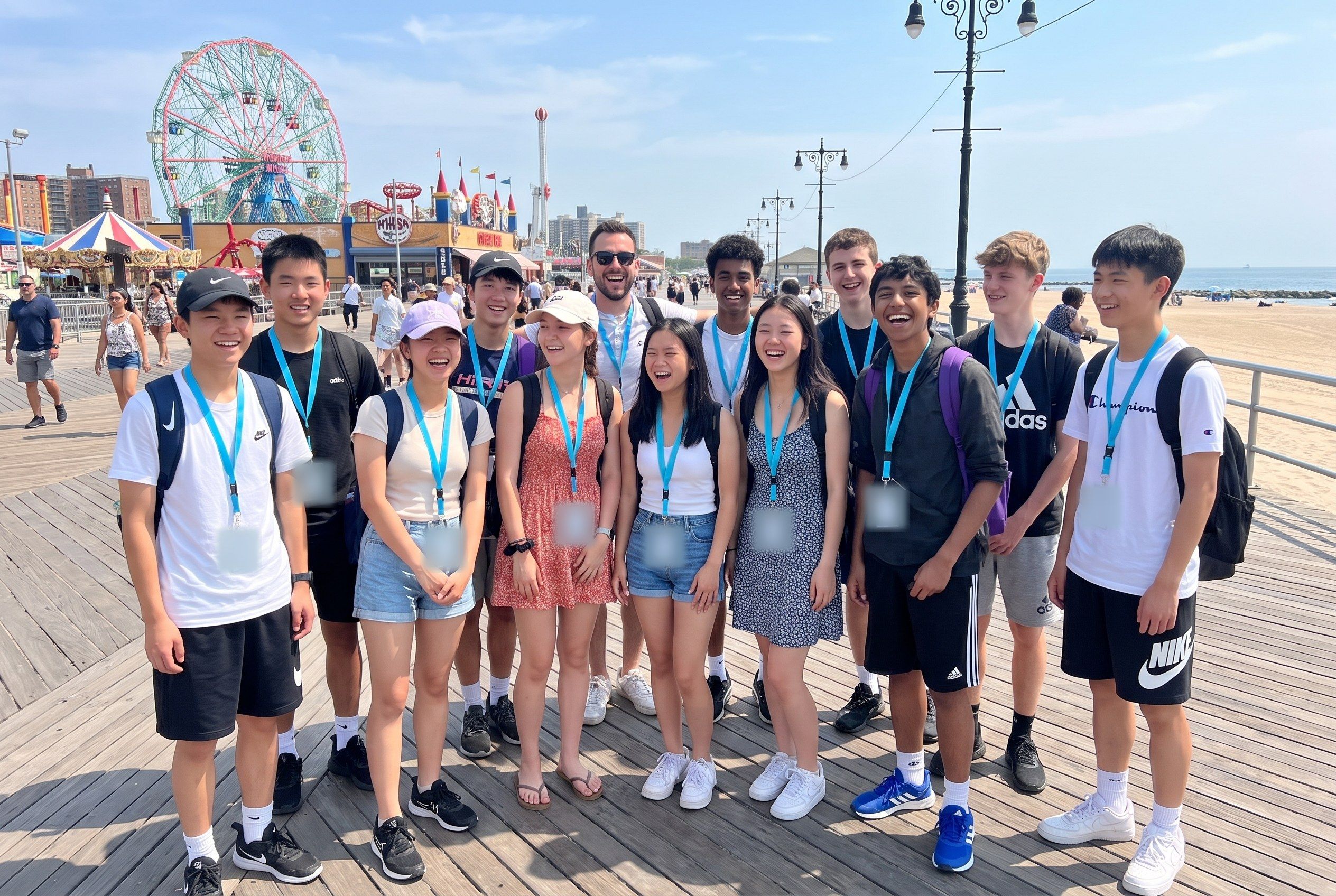 A YES USA group on the Coney Island boardwalk in New York, with the Wonder Wheel behind