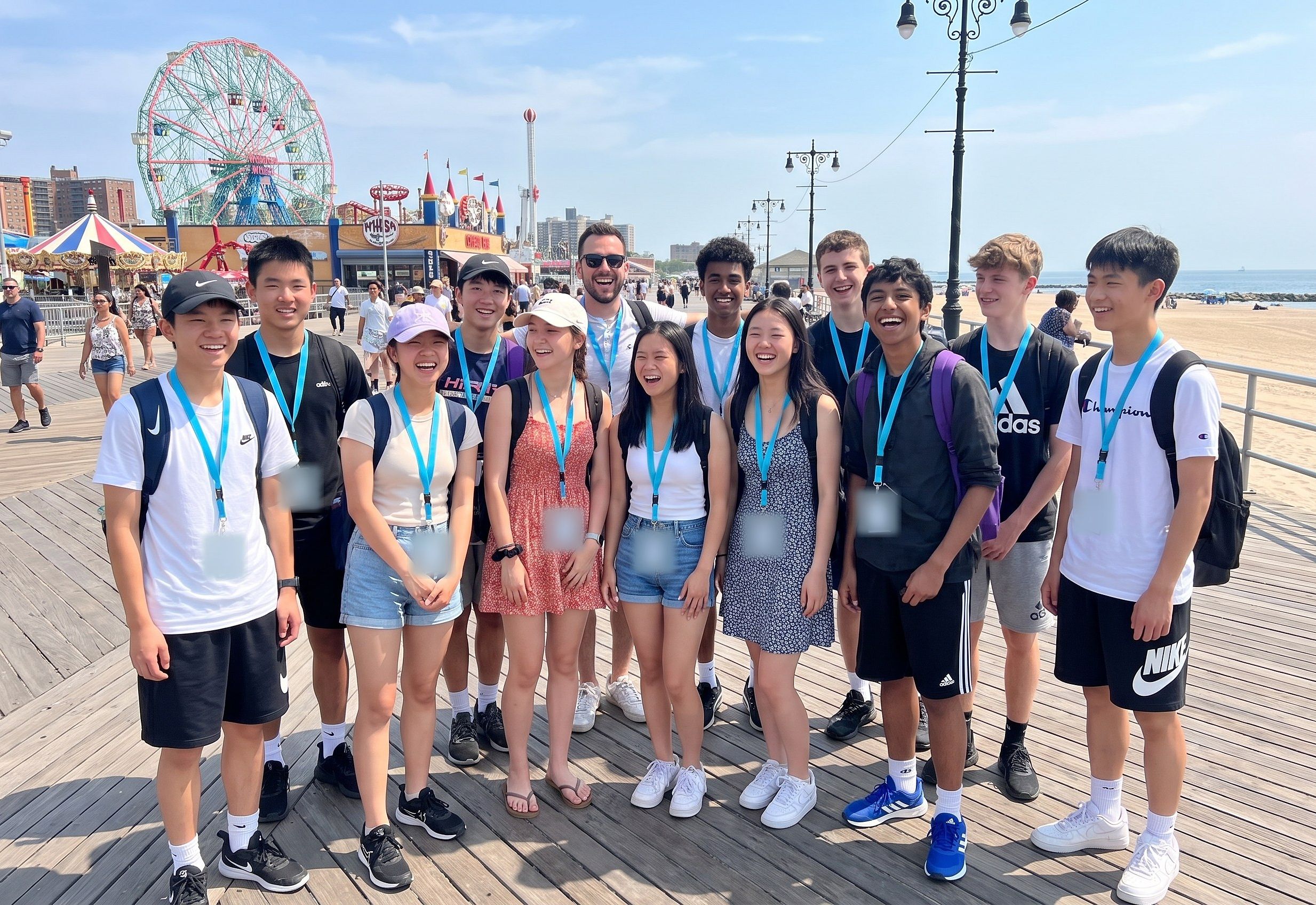 A YES USA group on the Coney Island boardwalk in New York, with the Wonder Wheel behind