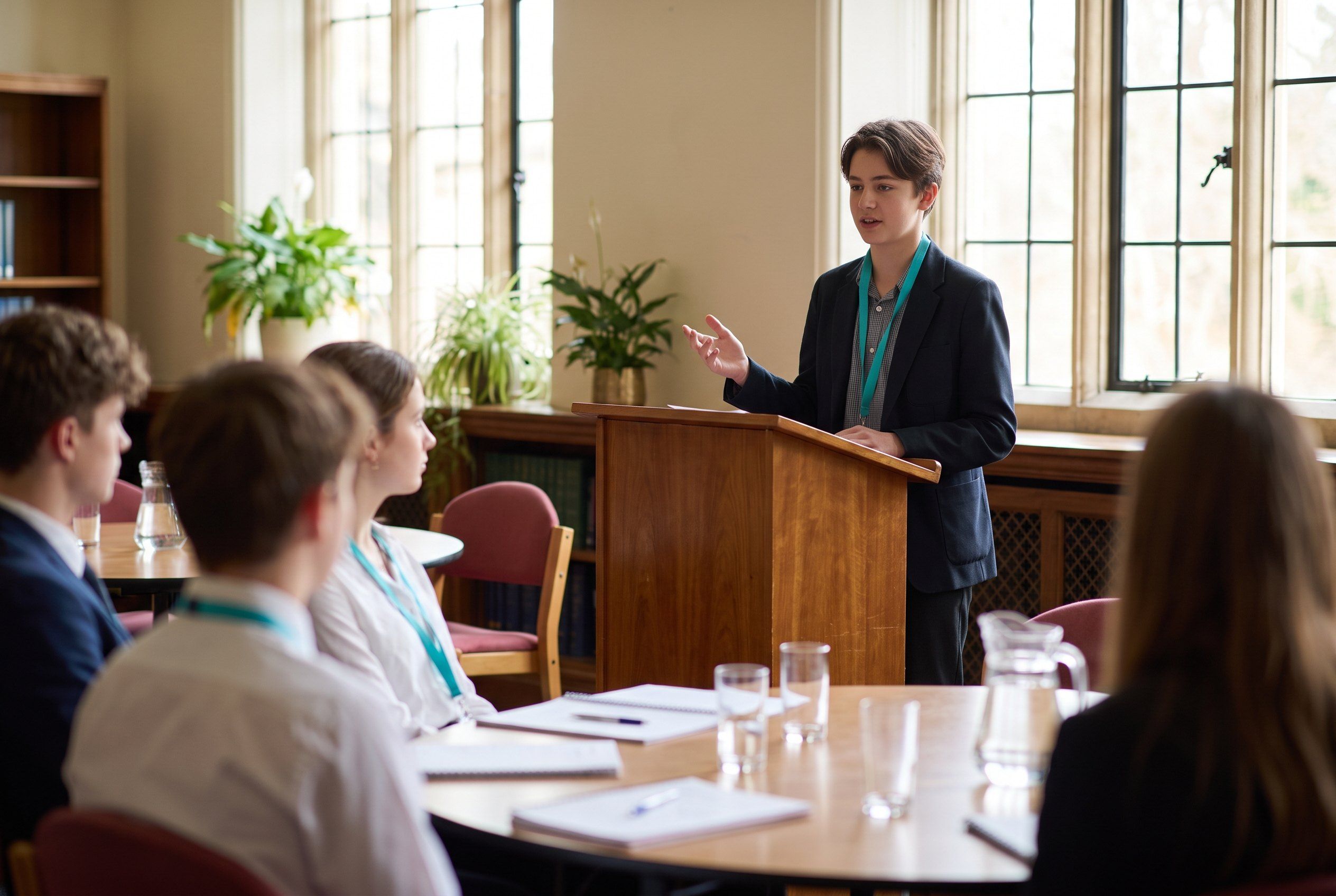 A student delegate giving a speech at a wooden lectern while classmates listen
