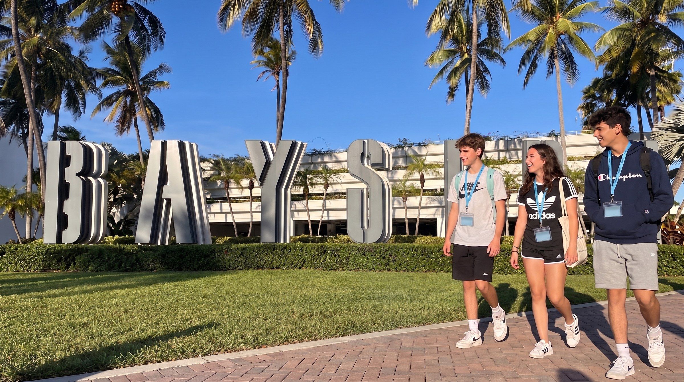 Three students with YES USA lanyards walking past the BAYSIDE letters and palm trees in downtown Miami