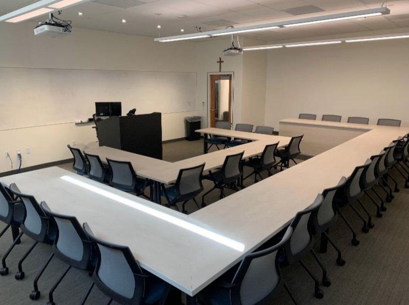 Classroom with tables in a U shape at Concordia University Irvine