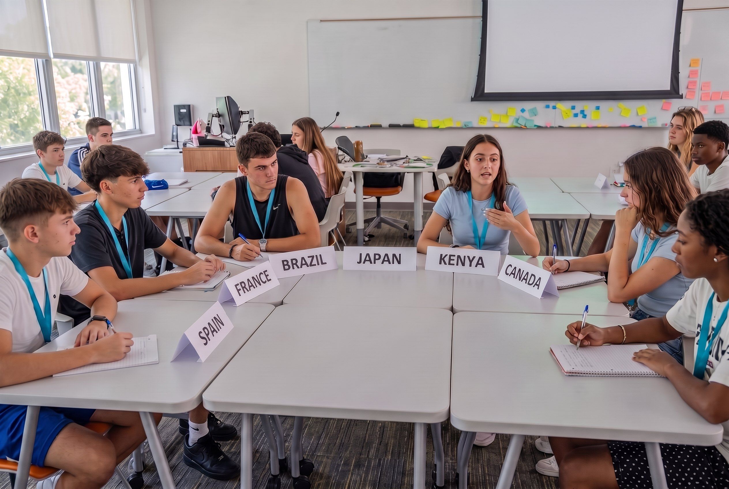 Students in a Model UN debate around tables with placards for Spain, France, Brazil, Japan, Kenya and Canada