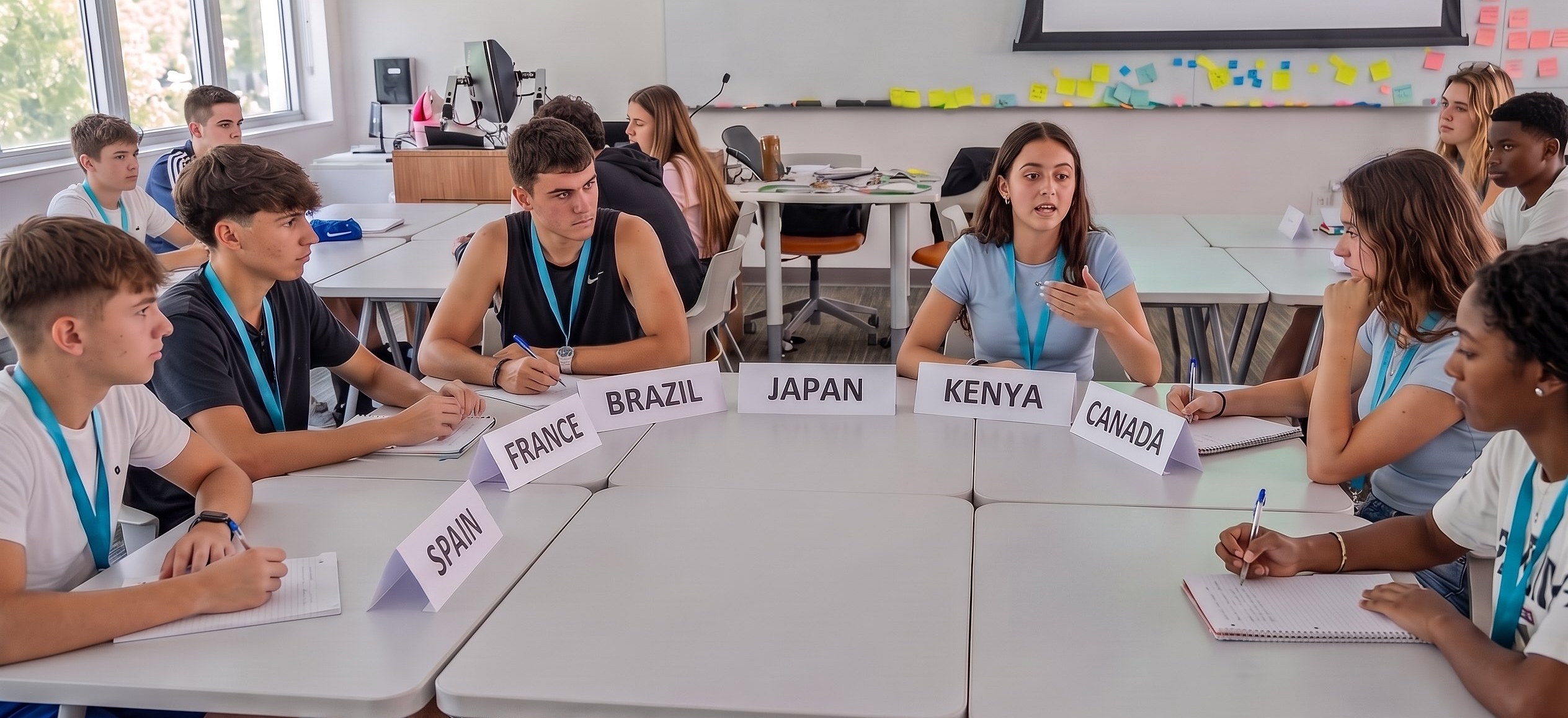 Students in a Model UN debate around tables with placards for Spain, France, Brazil, Japan, Kenya and Canada