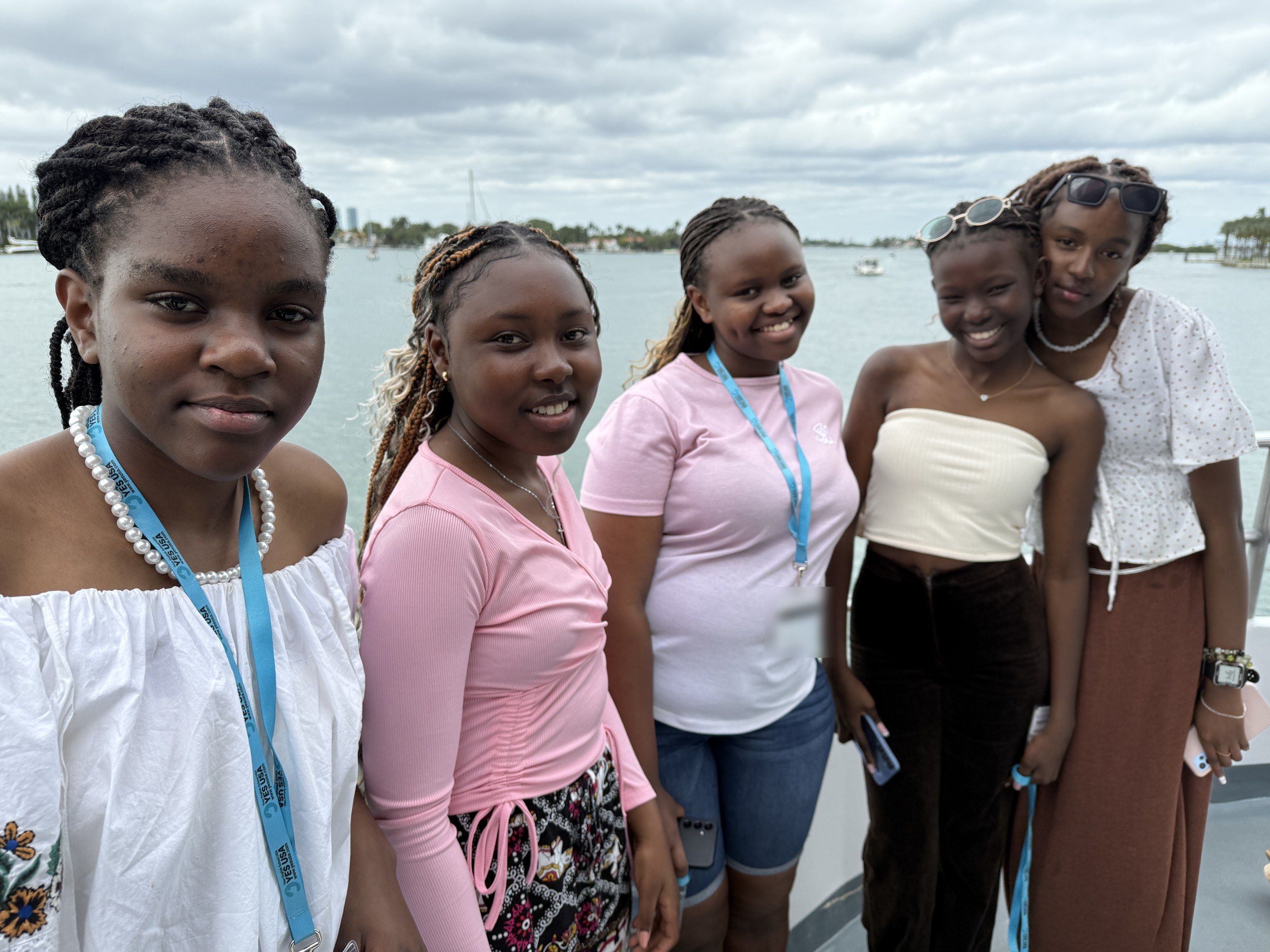 Smiling YES USA students on a boat tour of Biscayne Bay