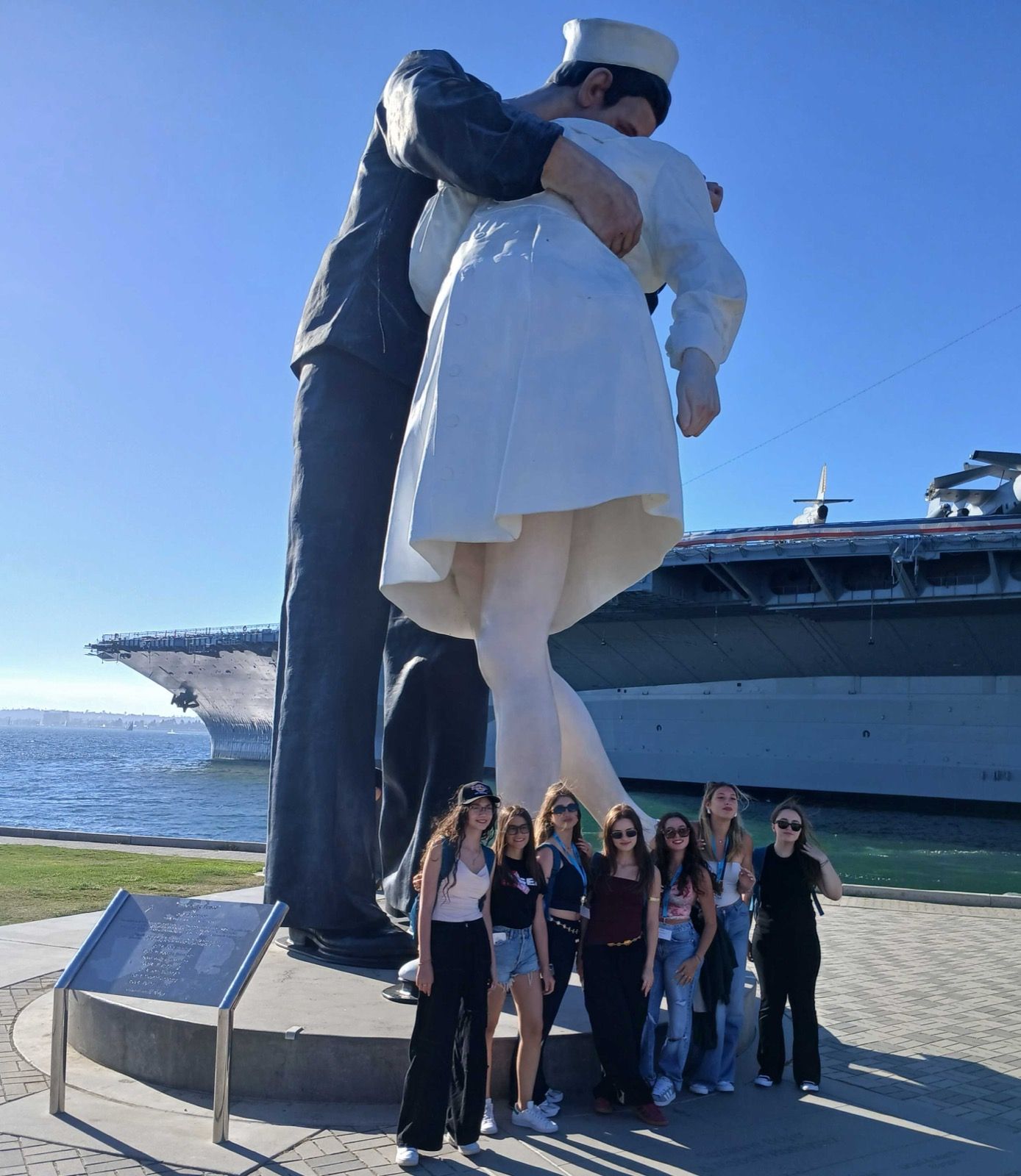 YES USA students on the San Diego waterfront beside the Unconditional Surrender sculpture