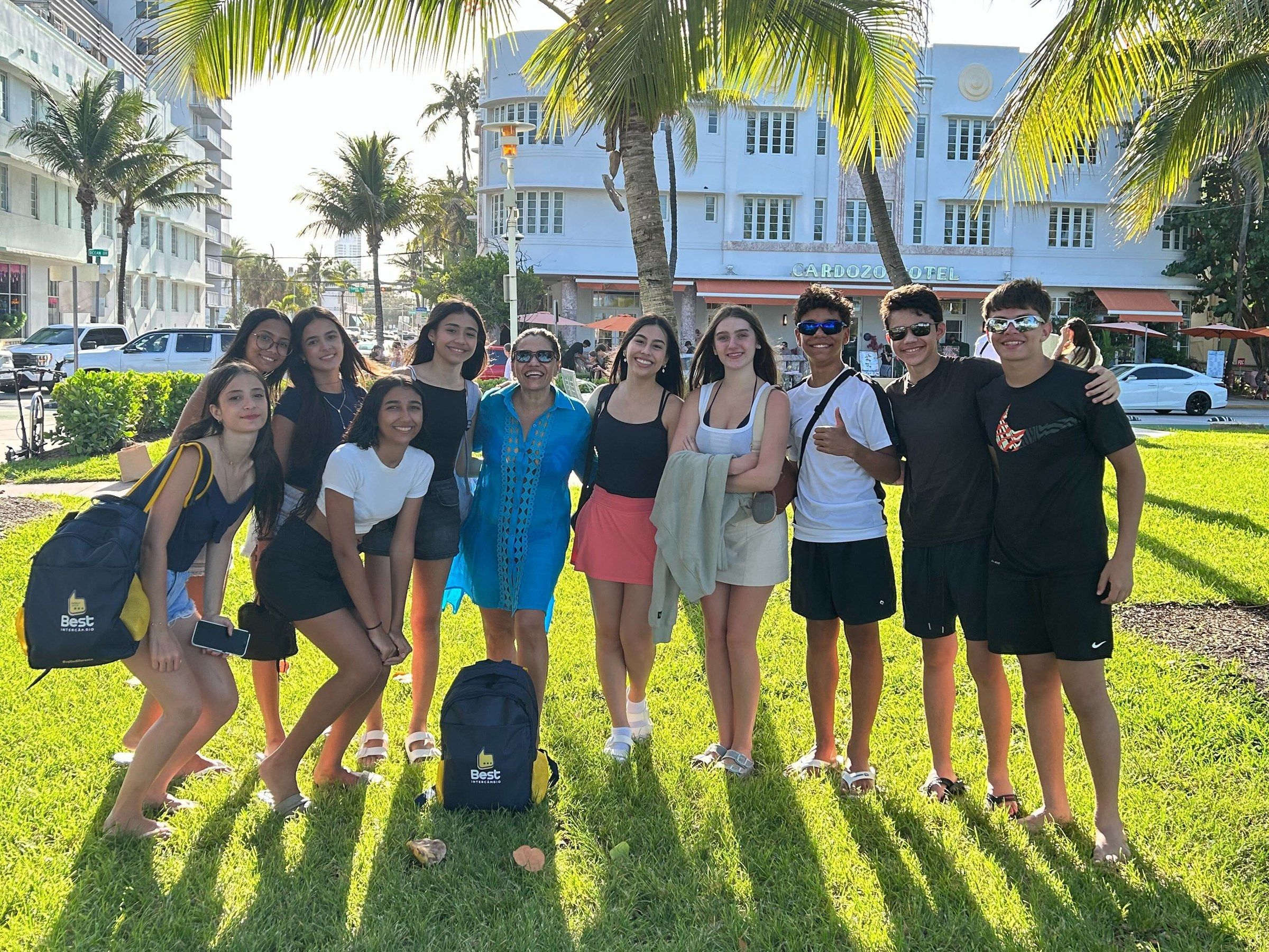 A YES USA group on Ocean Drive, Miami Beach, in front of the Cardozo Hotel