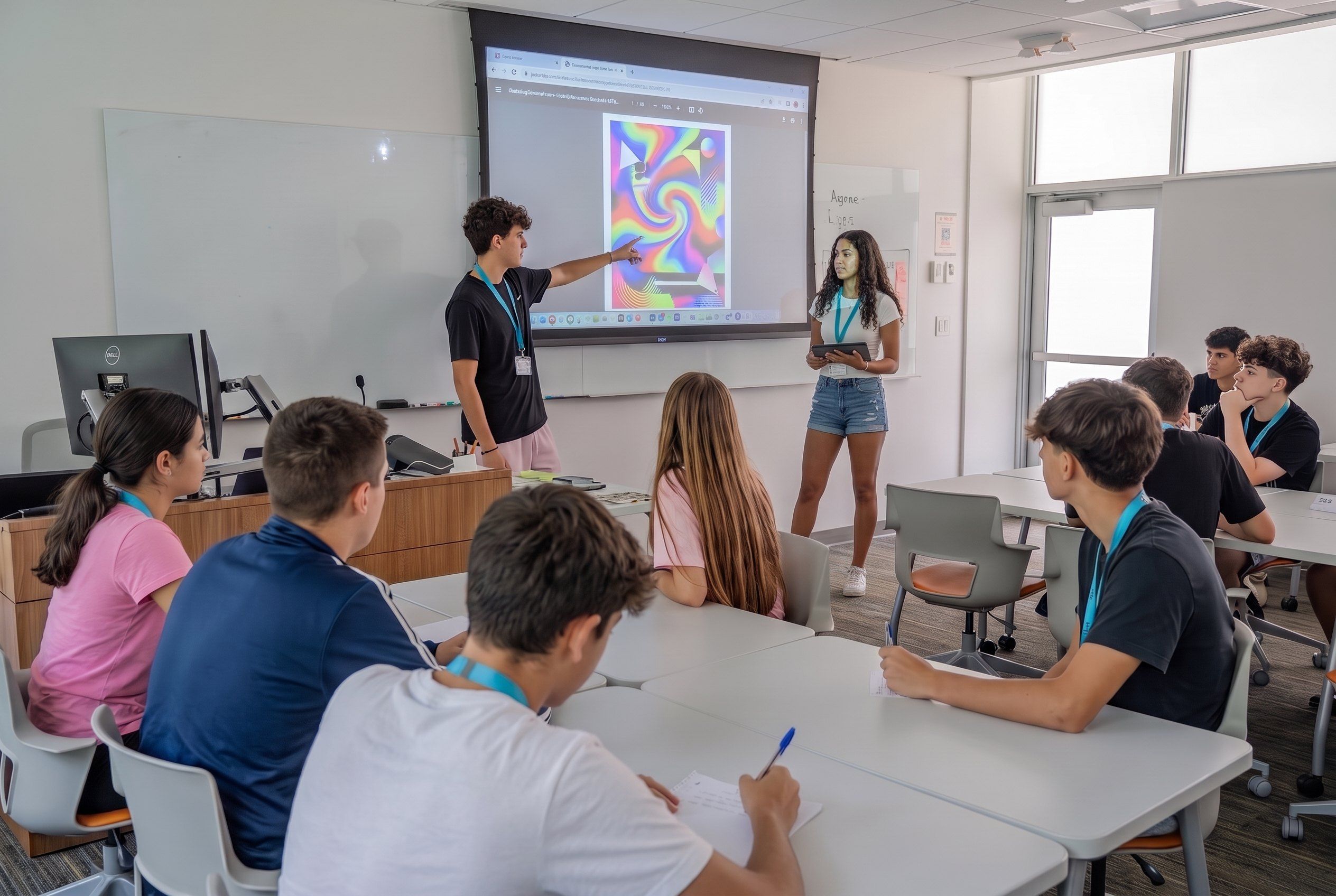 Two students presenting a colorful AI-assisted poster design to their class