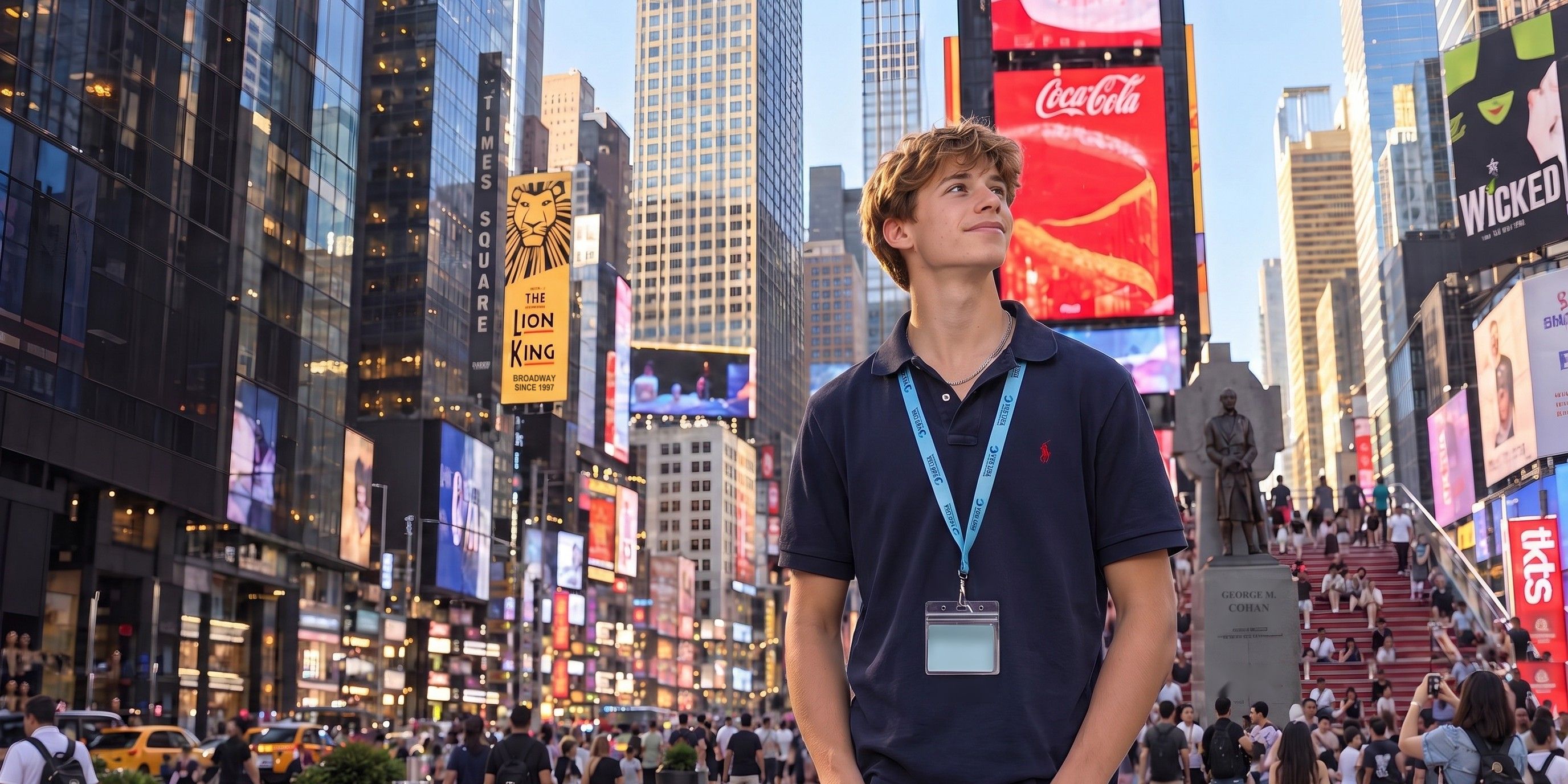 A YES USA student in a navy polo with a light-blue lanyard in Times Square, New York