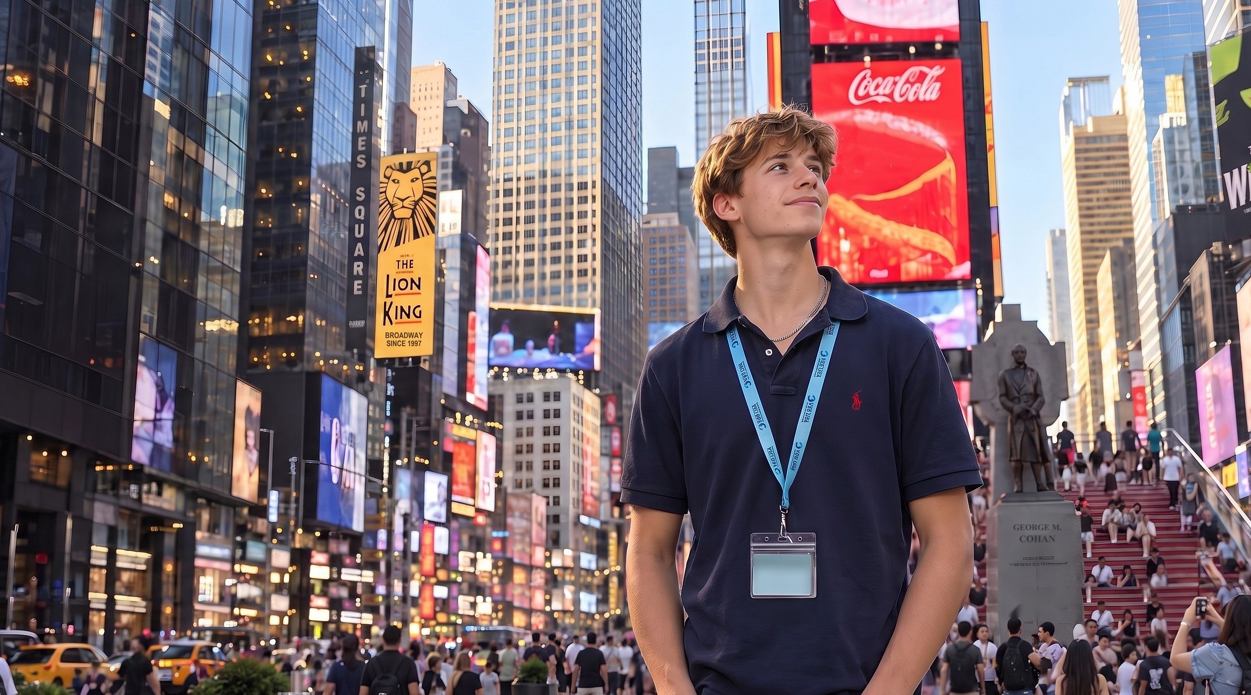 A YES USA student in a navy polo with a light-blue lanyard in Times Square, New York