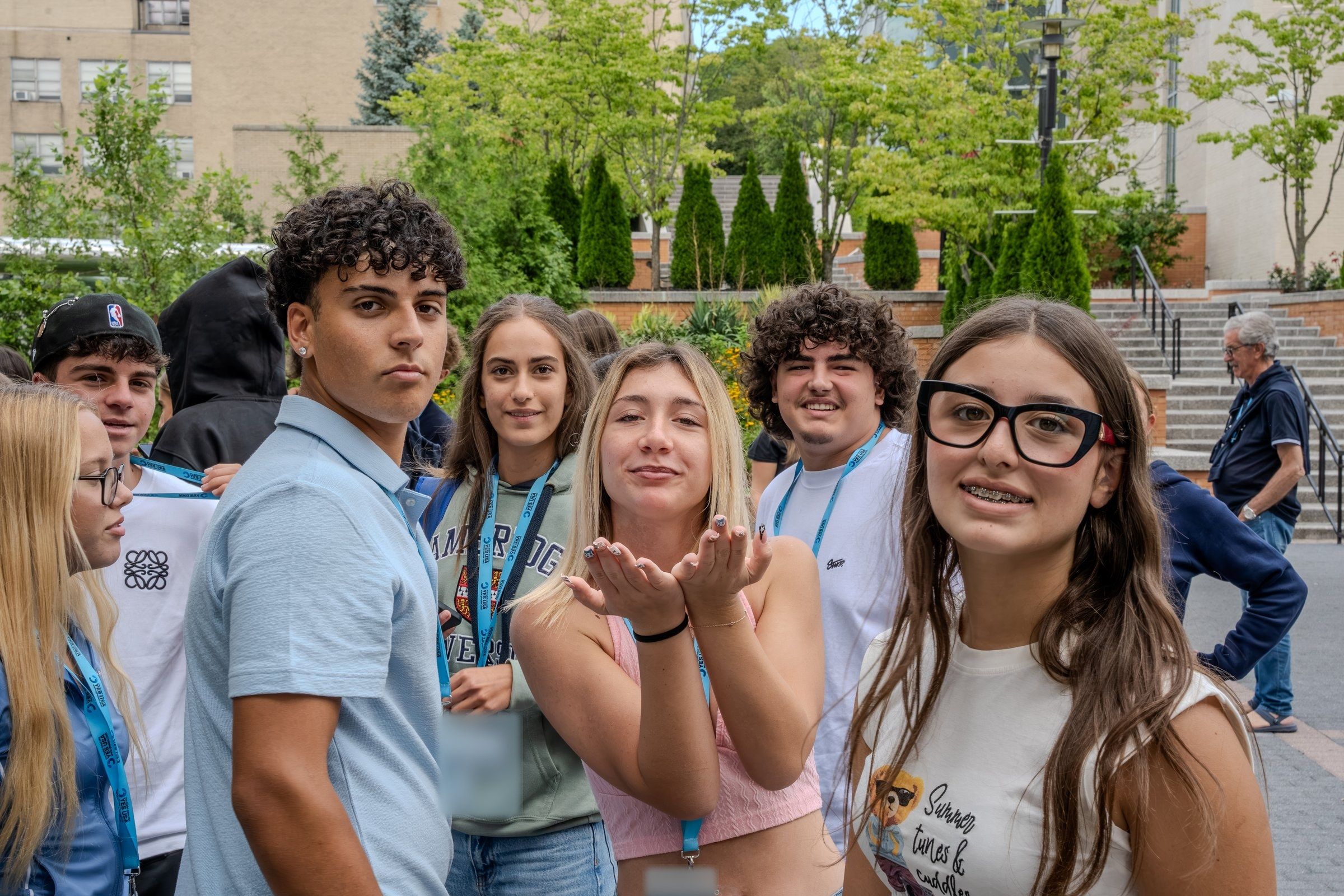 A cheerful group of YES USA students outside the dining hall at St. John's