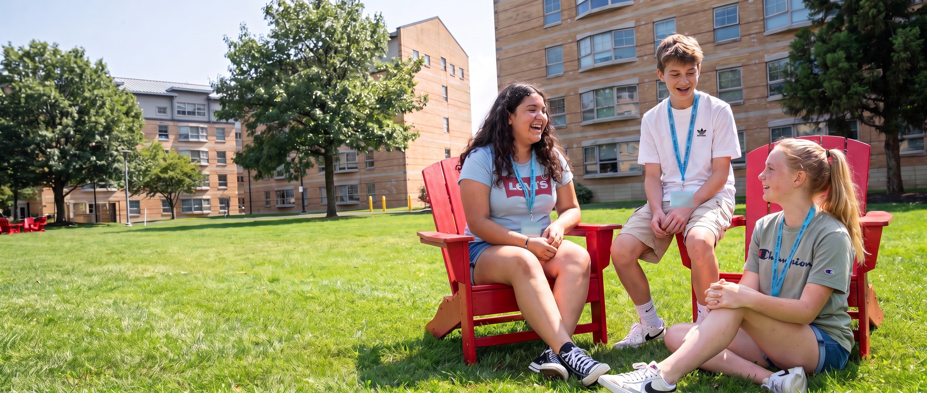 Students with YES USA lanyards relaxing on red Adirondack chairs on the residence-hall lawn at St. John's University
