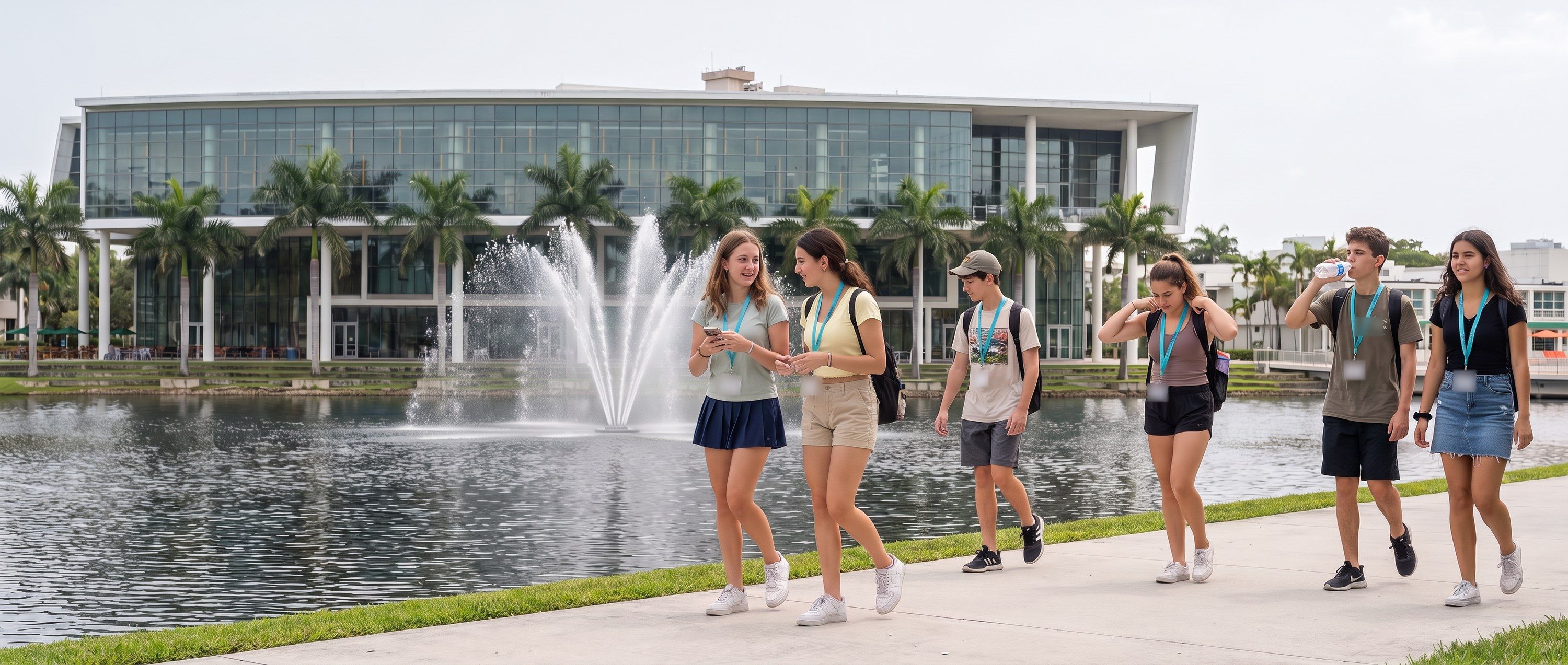Students with YES USA lanyards walking along the lake path at the University of Miami, with the fountain, palm trees and a glass campus building behind them