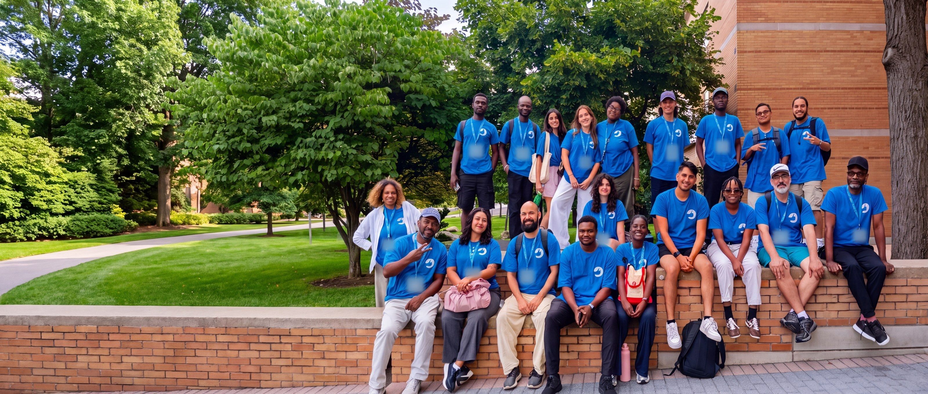 The YES USA St. John's staff team in blue YES USA shirts and lanyards on campus