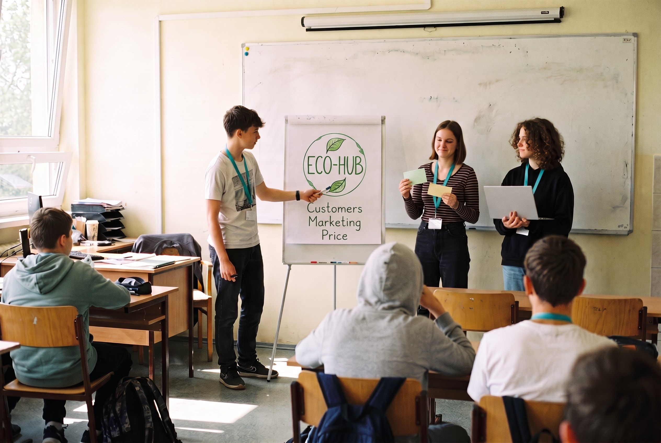 A student team presenting their Eco-Hub business plan on a flip chart to classmates