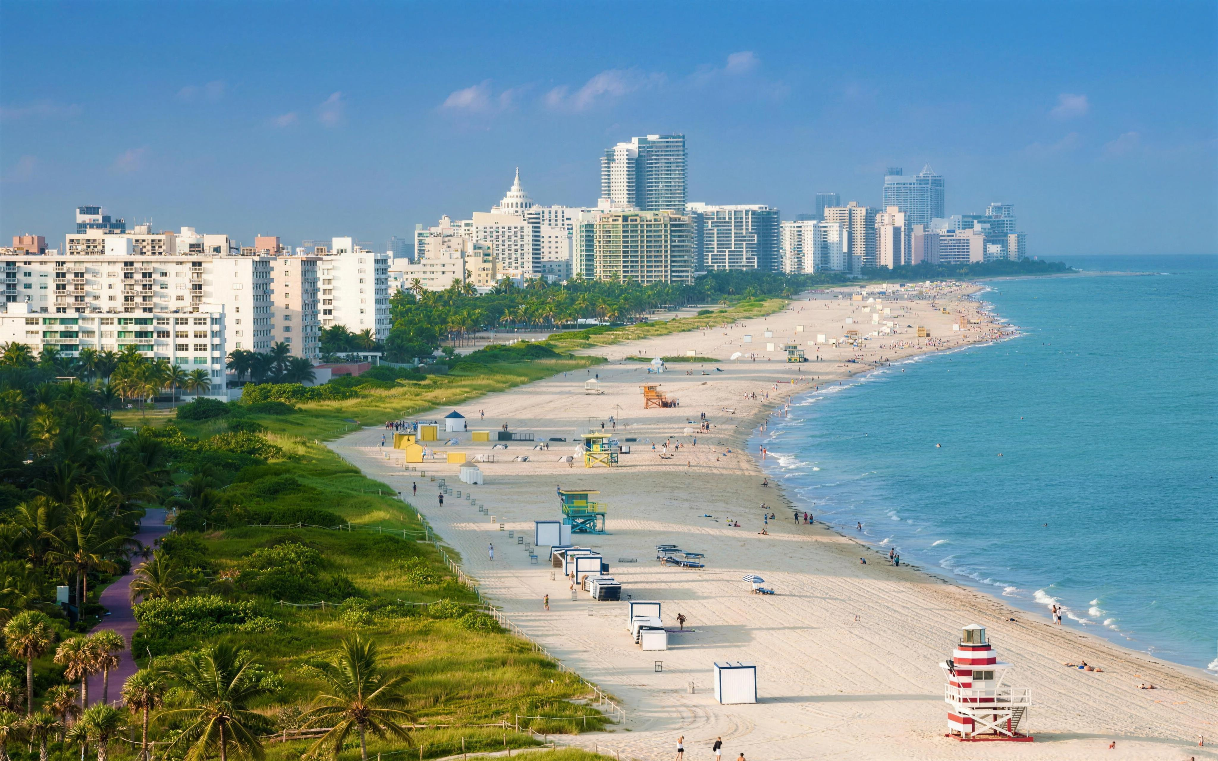 South Beach and the Miami Beach skyline from above, with palm trees and the ocean