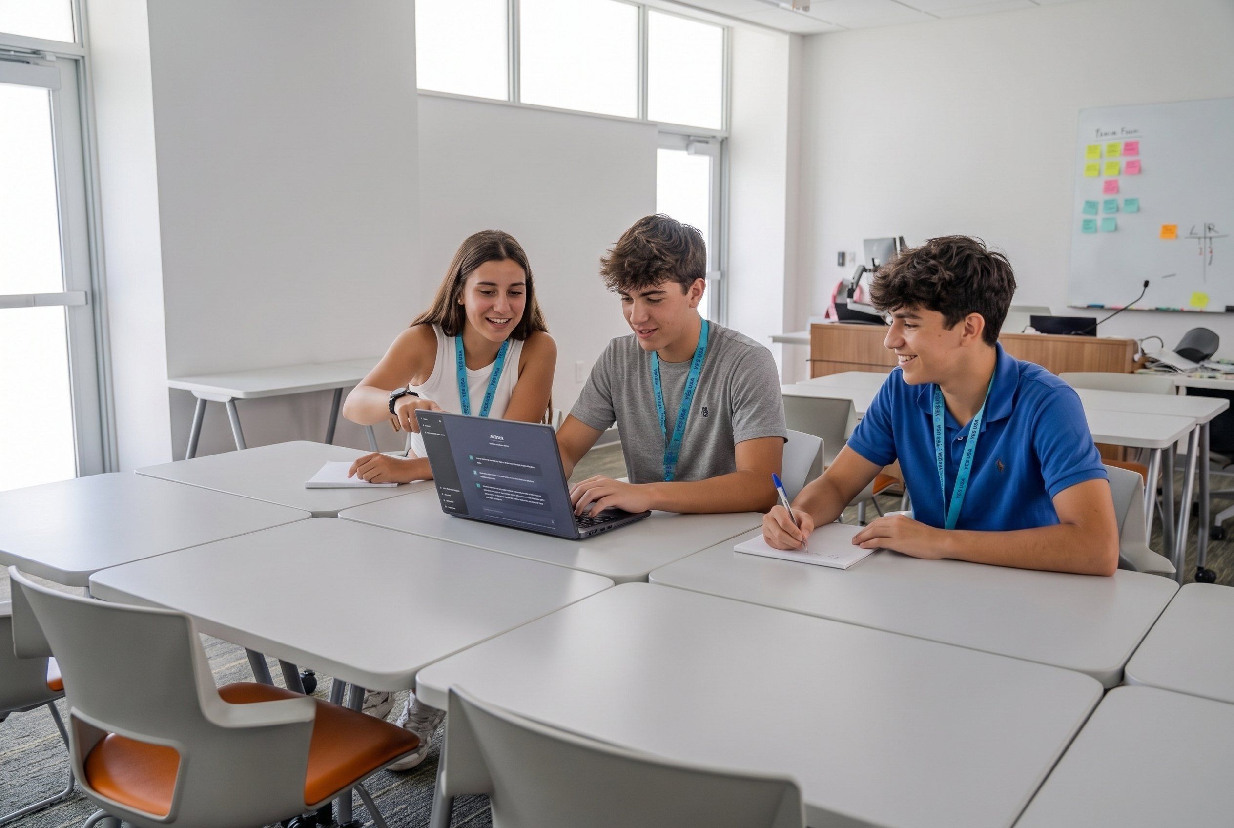 Three students working together on a laptop, one typing and one taking notes
