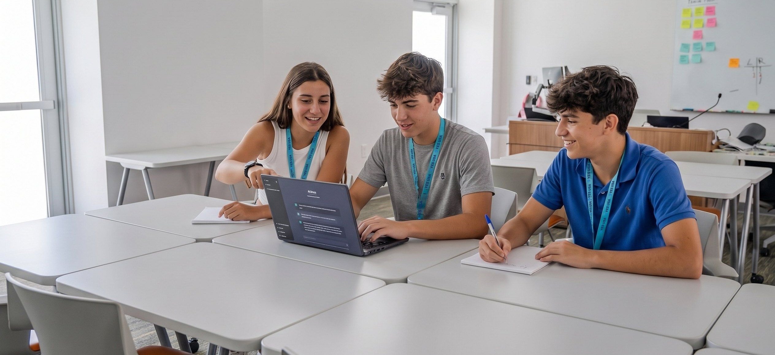 Three students working together on a laptop, one typing and one taking notes
