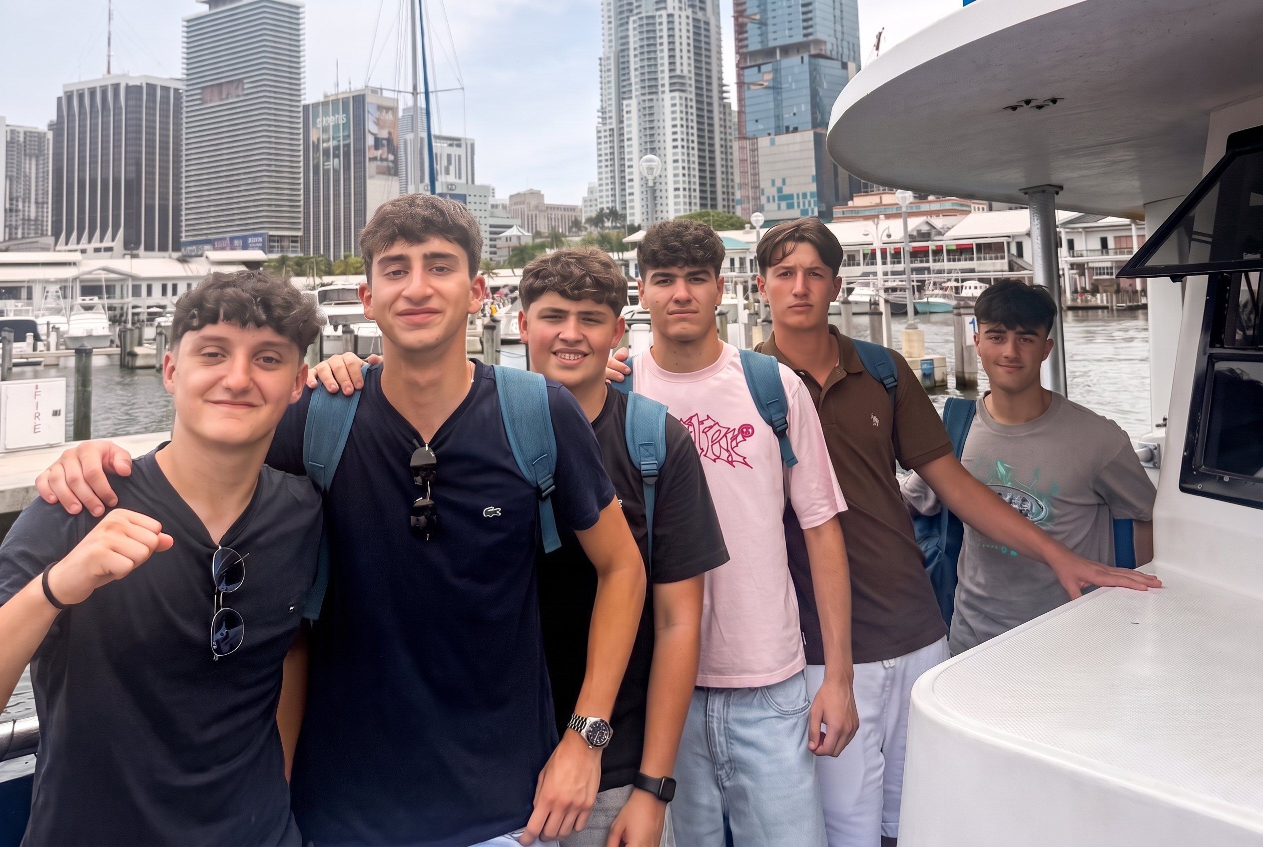 YES USA students on a boat tour with the Miami skyline behind them