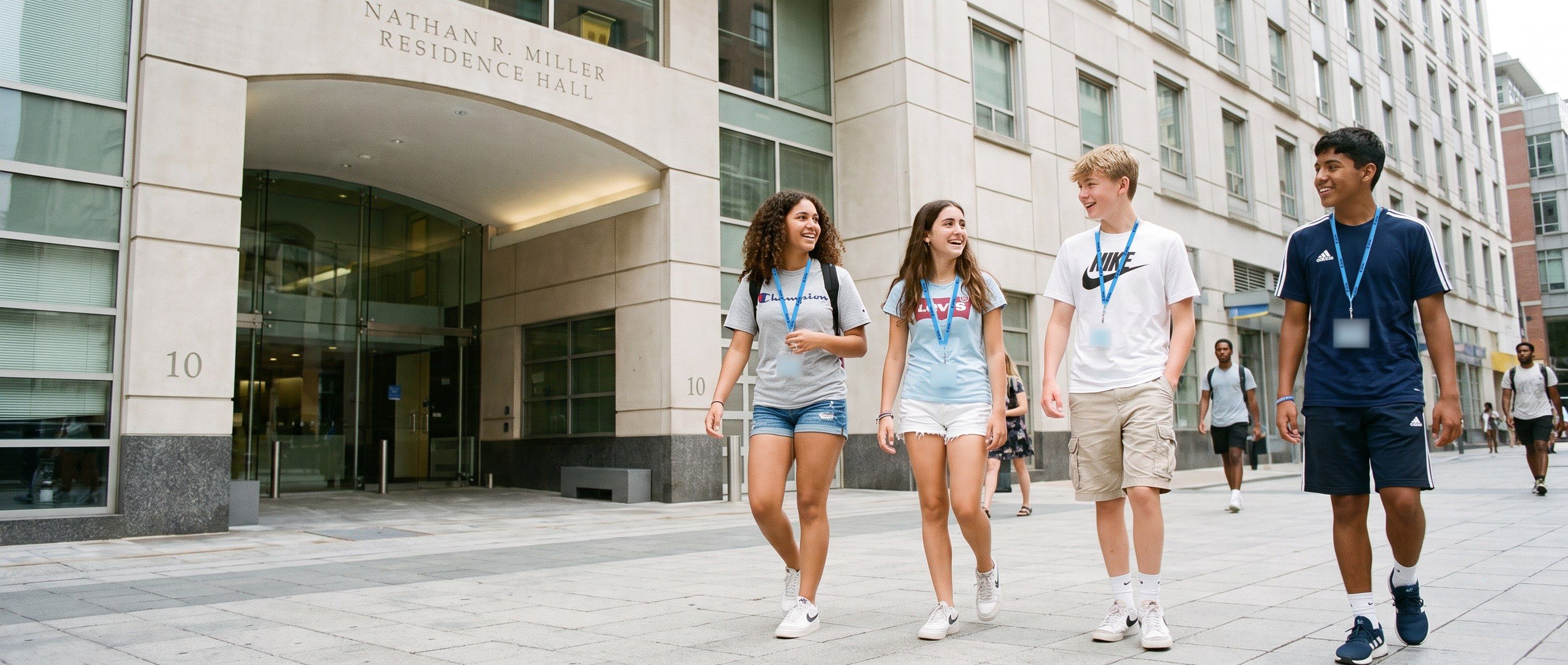 Students with YES USA lanyards walking out of Suffolk University's Nathan R. Miller Residence Hall in downtown Boston