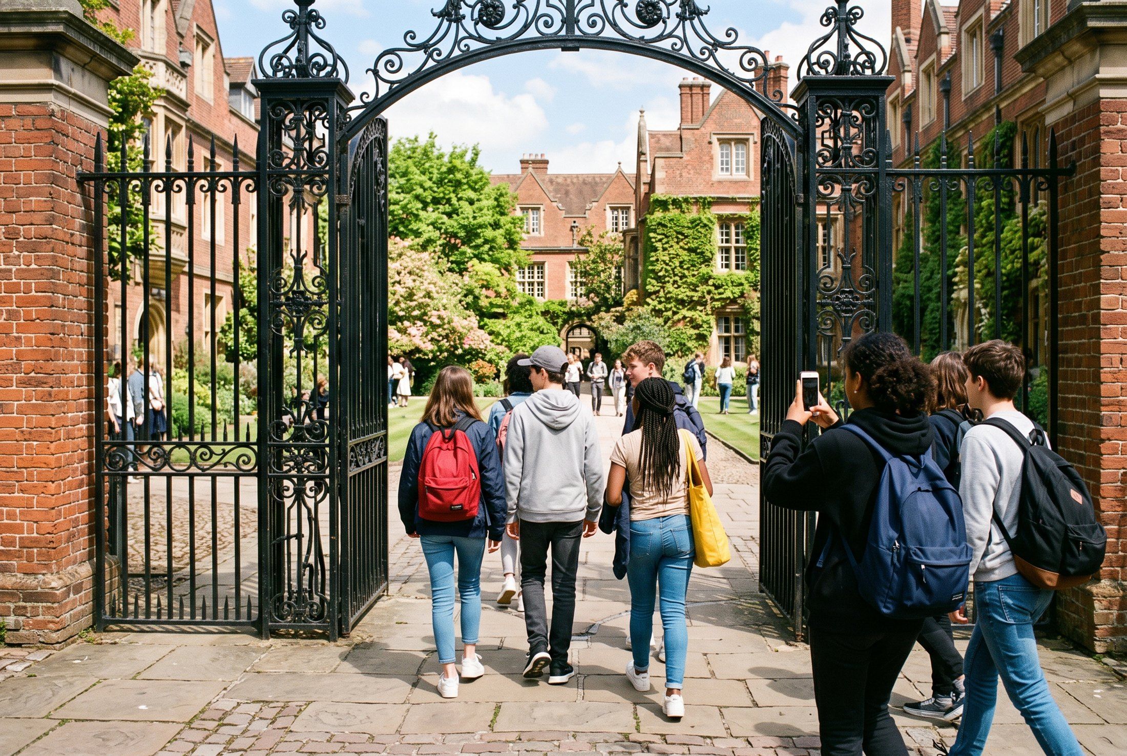 Junior students on a campus tour walking through an iron gate into a historic red-brick university courtyard