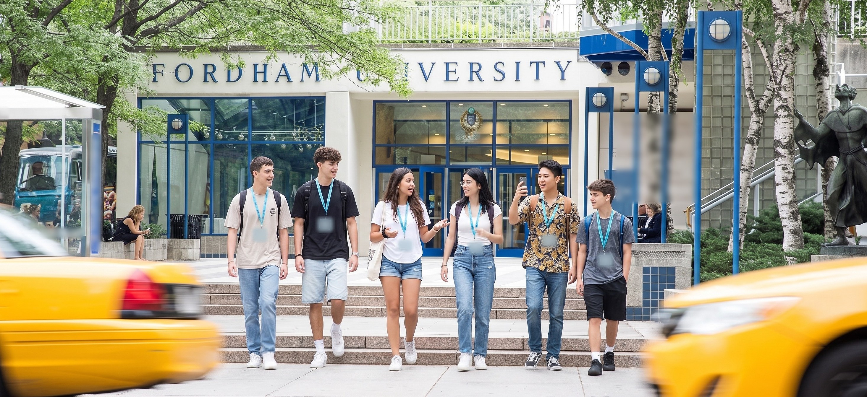 Students with YES USA lanyards walking down the steps of the Fordham University entrance at Lincoln Center, with yellow taxis passing