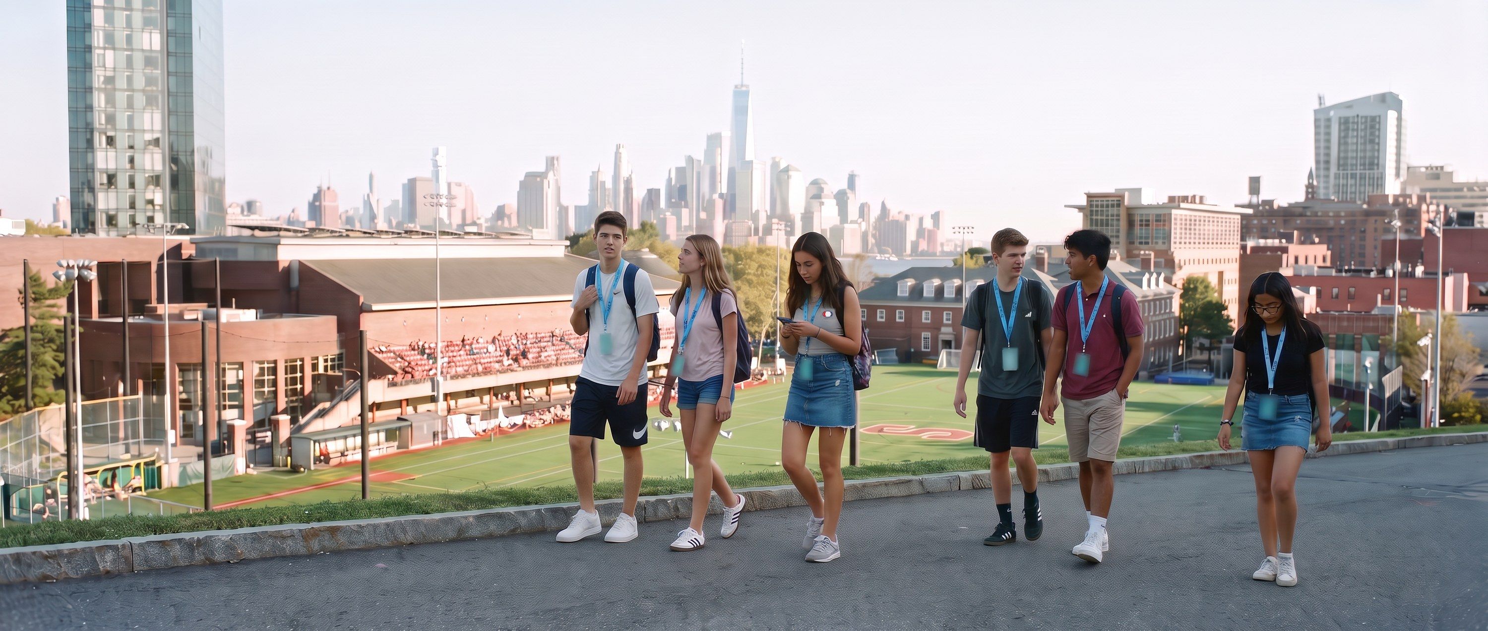 Students with YES USA lanyards walking on the Stevens campus in Hoboken, with the sports field below and the Manhattan skyline across the Hudson