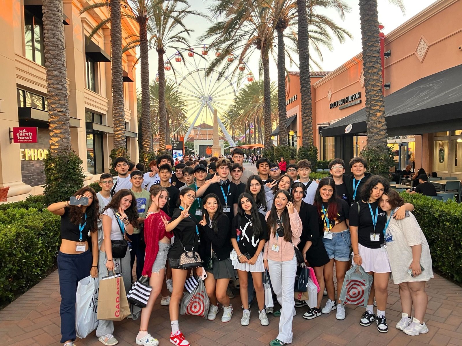 YES USA students at Irvine Spectrum with its Ferris wheel in the background