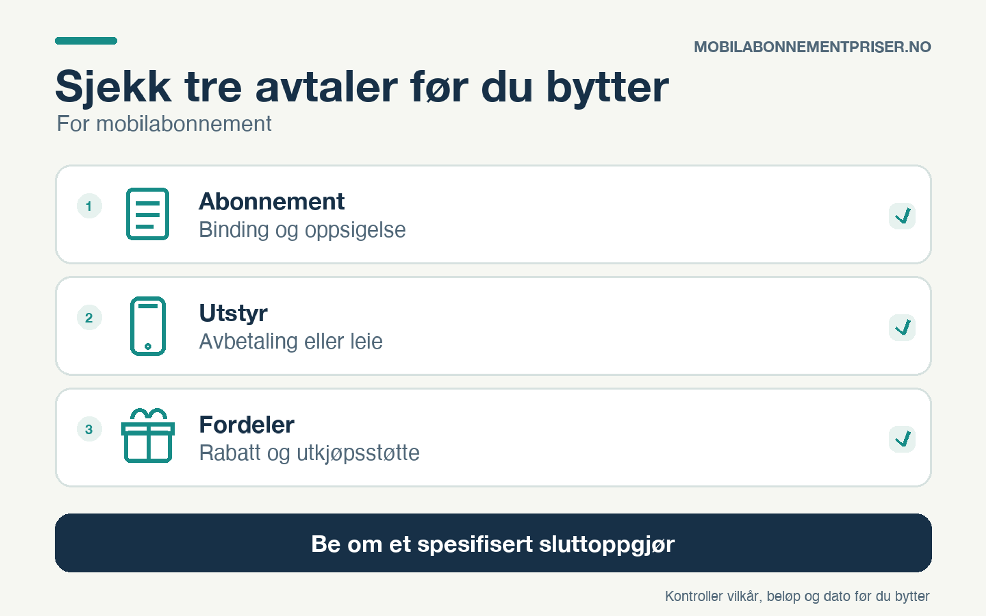 Sjekk tre avtaler før du bytter. Tre kort viser hva du bør sjekke: abonnement med binding og oppsigelse, utstyr med avbetaling eller leie, og fordeler med rabatt og utkjøpsstøtte. Nederst står «Be om et spesifisert sluttoppgjør».