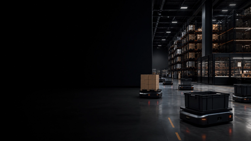 Autonomous mobile robots moving goods through a modern warehouse