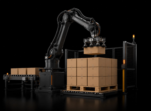 Robotic palletising system with robotic arm, conveyor, and pallet station