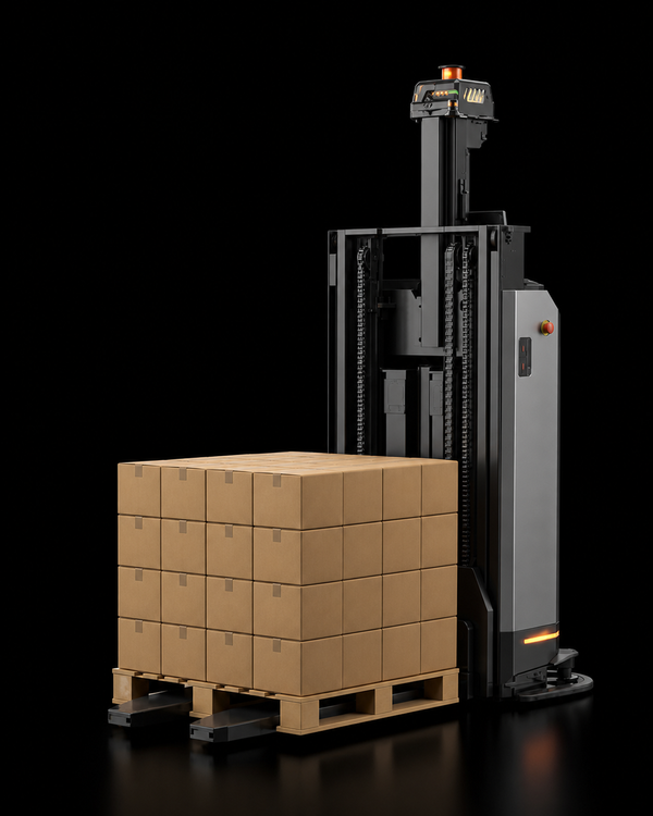 Geek+-inspired F Series smart forklift AGV moving a pallet of stacked boxes