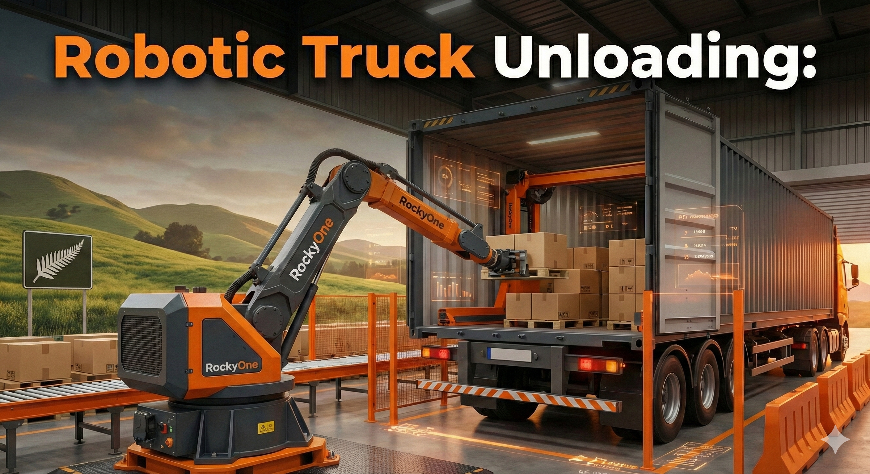 RockyOne mobile robot autonomously unloading boxes from a shipping container onto a conveyor.