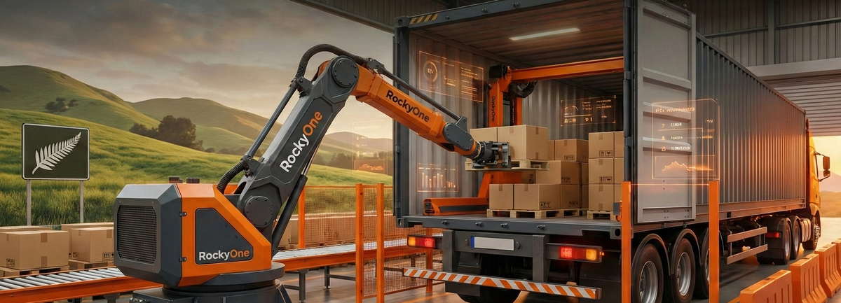 RockyOne mobile robot autonomously unloading boxes from a shipping container onto a conveyor.