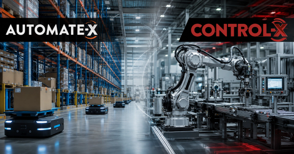 Automate-X warehouse automation and Control-X manufacturing automation shown in separate industrial environments