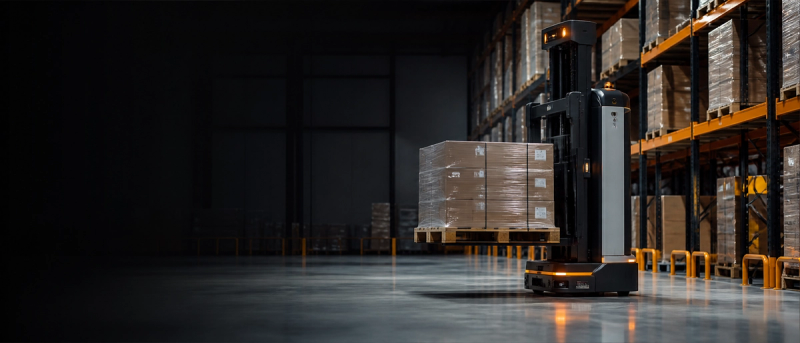Autonomous forklift AGV moving pallets in a modern warehouse environment