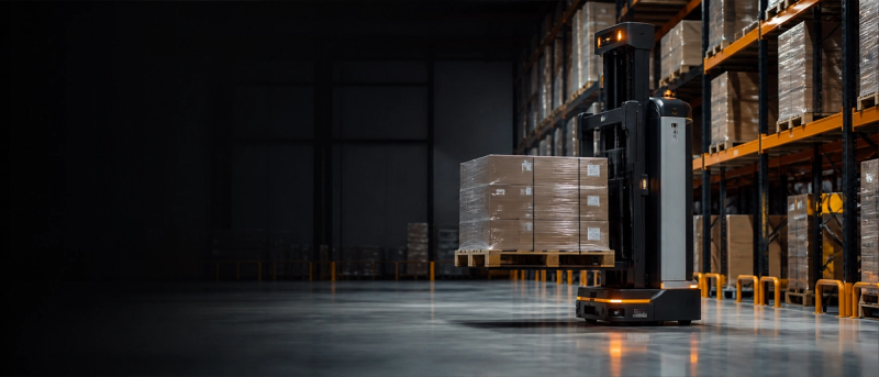 Autonomous forklift AGV moving pallets in a modern warehouse environment