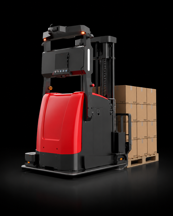 VisionNav-style autonomous reach truck AGV carrying palletised boxes