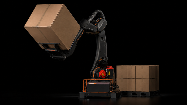 Automated container unloading robot lifting cartons for robotic truck unloading