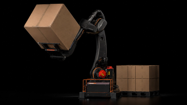 Automated container unloading robot lifting cartons for robotic truck unloading