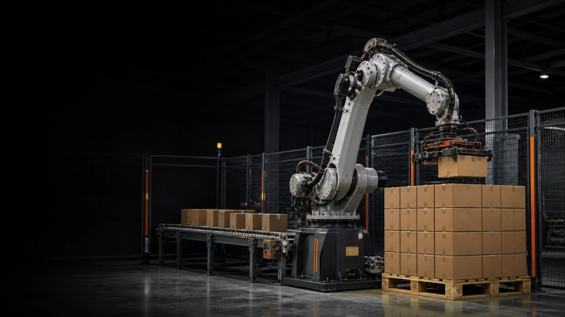 Automated palletising robot stacking boxes onto pallets in a warehouse