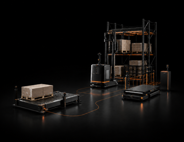 Integrated warehouse automation system with forklift AGV, pallet racking and material flow