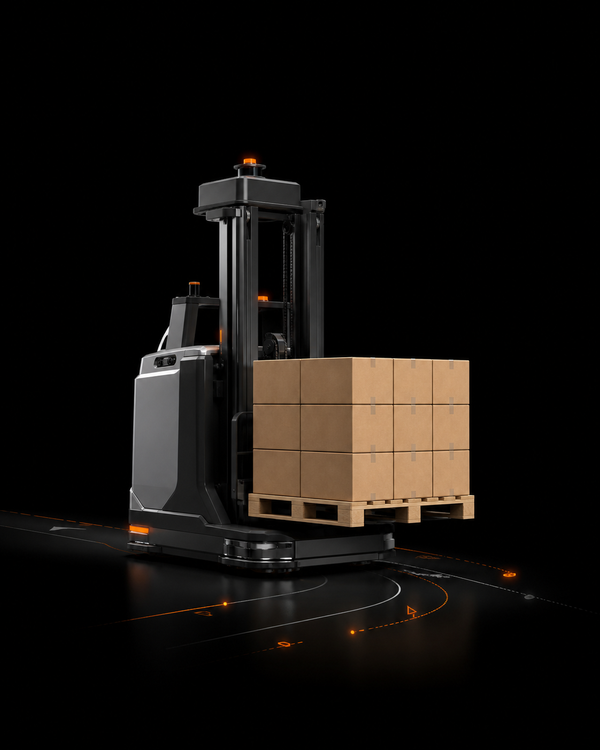 Forklift AGV transporting a pallet through a clean warehouse aisle